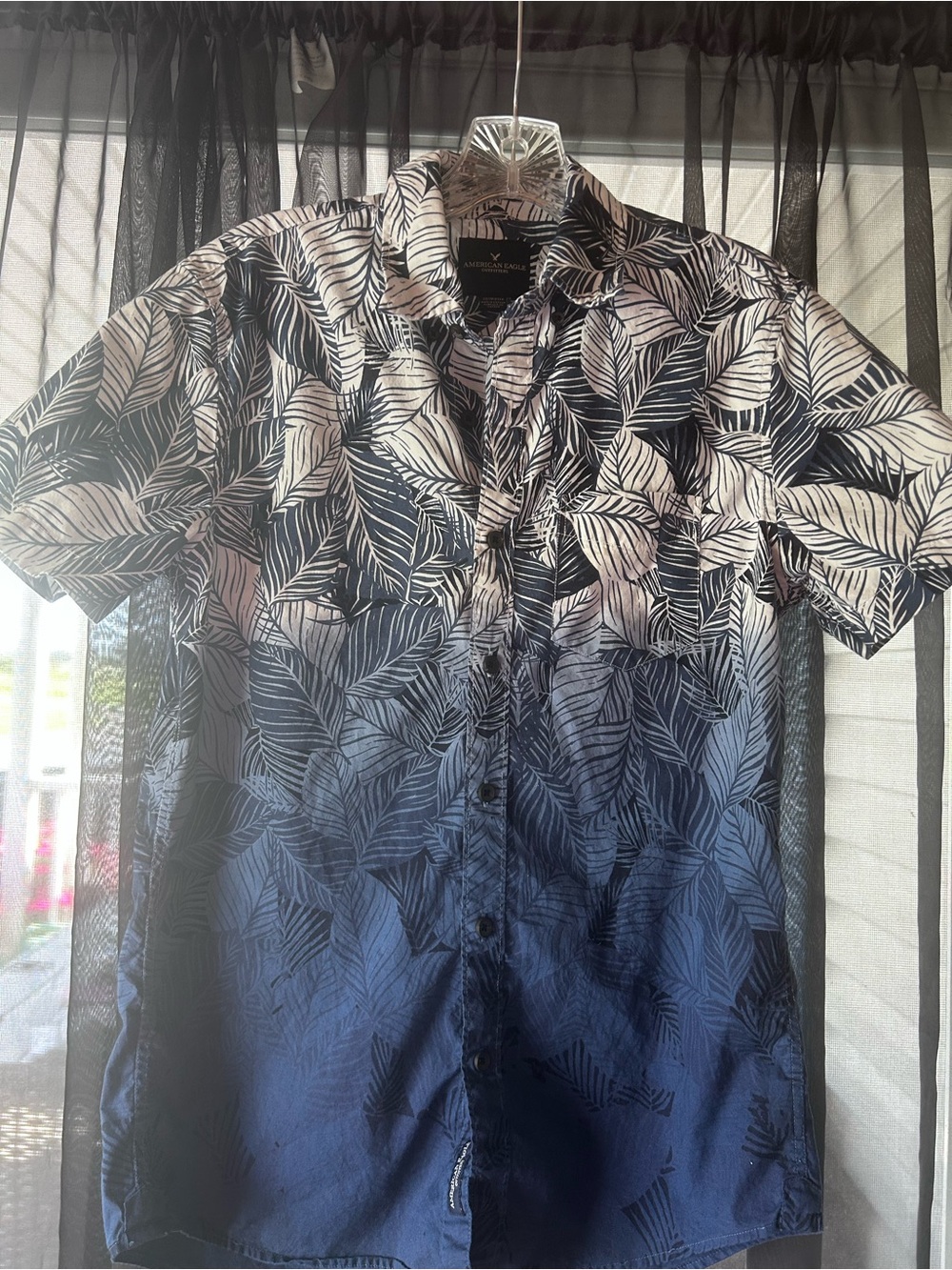 American Eagle Outfitters Navy and White Leaf-Print Button-Down Shirt